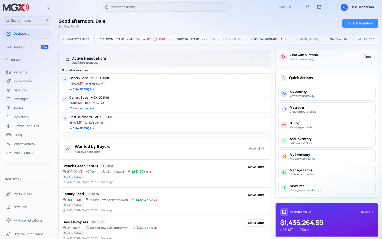 MGX seller dashboard — active negotiations, cash bids, and portfolio value